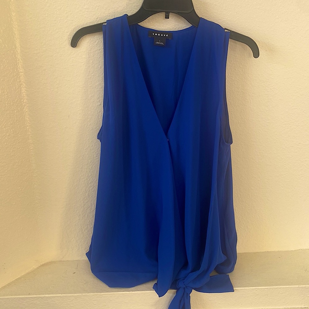 TROUVE BLUE FAUX WRAP TIE DEEP V-NECK SHIRT TOP US Womens Size L